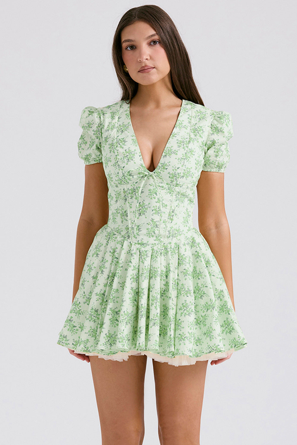 Floral print mini dress women fitted A-line silhouette deep V-neck puff sleeves chic versatile style