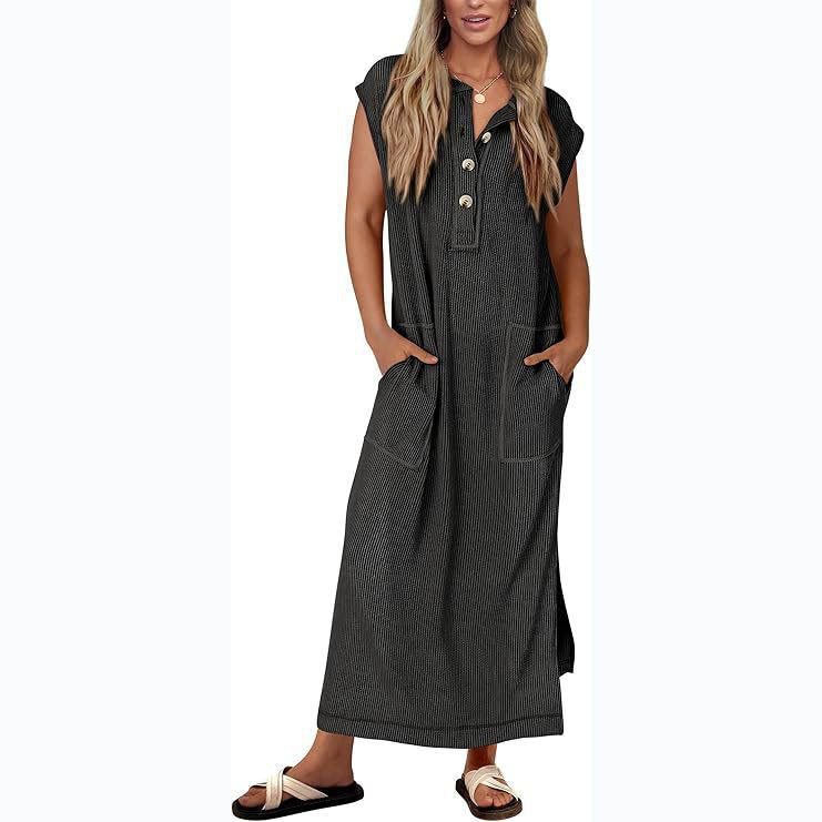 Women's relaxed fit maxi dress in summer tones, cap sleeves, breathable cotton-linen feel with side pockets