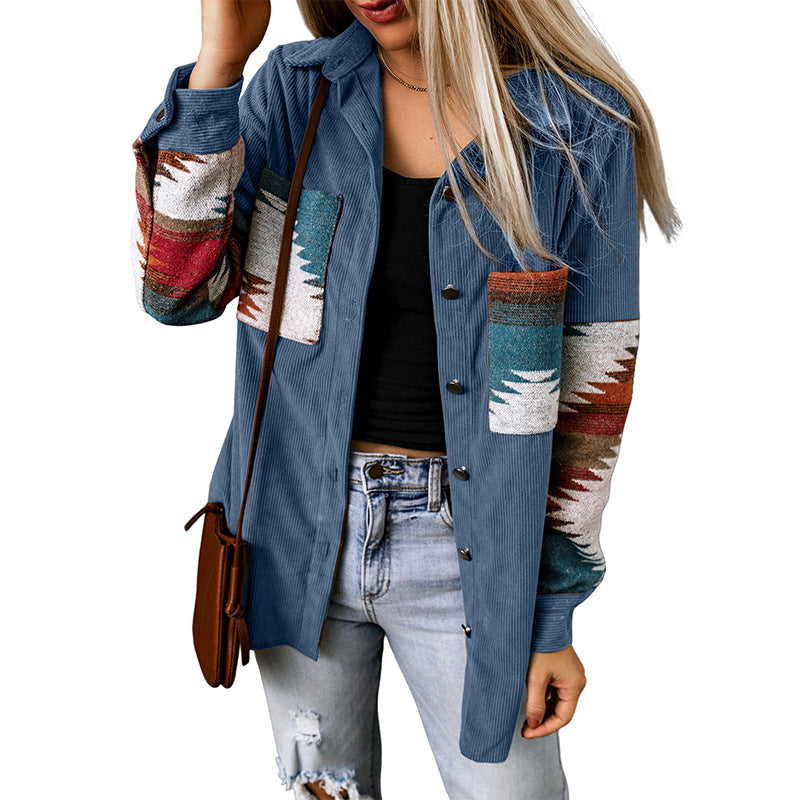 Women's corduroy cardigan jacket relaxed fit with Aztec pattern button closure cozy textured layer
