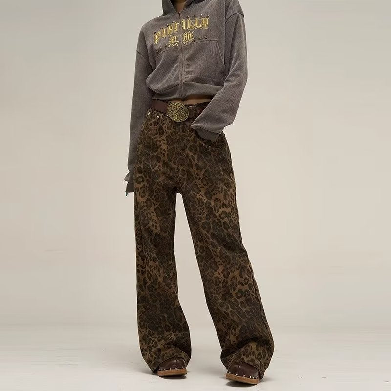 Women's leopard print wide-leg pants high waist with pockets flattering everyday comfort