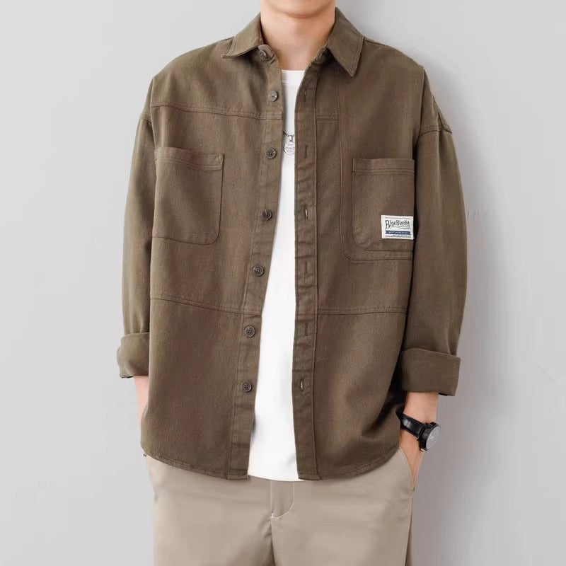 Men's relaxed fit cotton overshirt jacket in neutral tone, everyday layering essential with clean lines