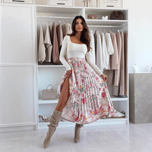 Women's midi skirt high waist pleated A-line with slit, lightweight viscose elegant silhouette