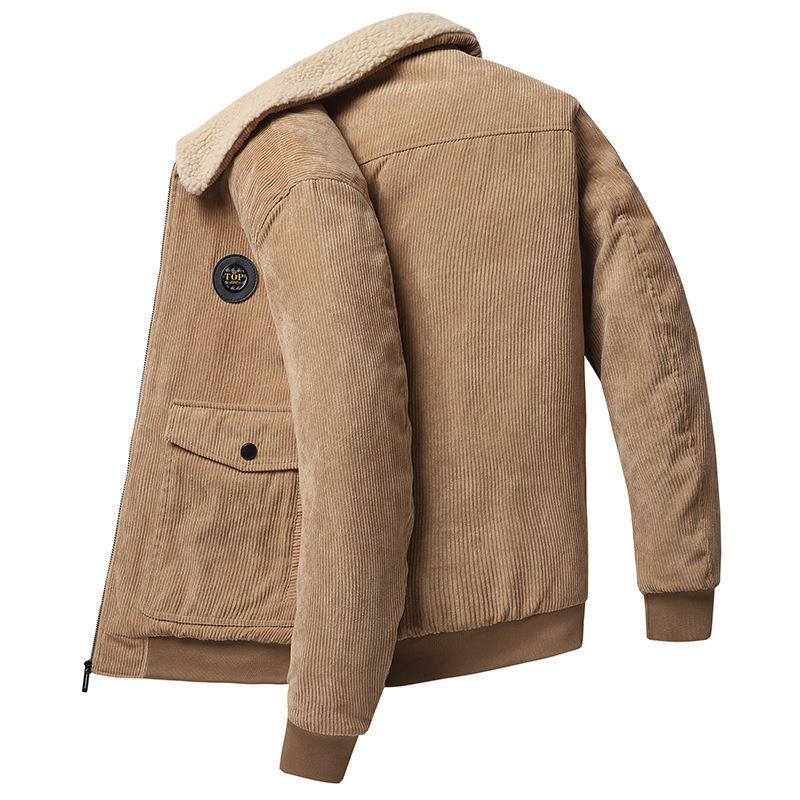 Men's brown corduroy jacket wool-lined loose fit button-front with chest pockets for everyday warmth