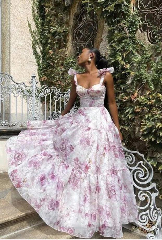 Floral print organza maxi dress with tie straps, elegant floor-length silhouette for evening wear
