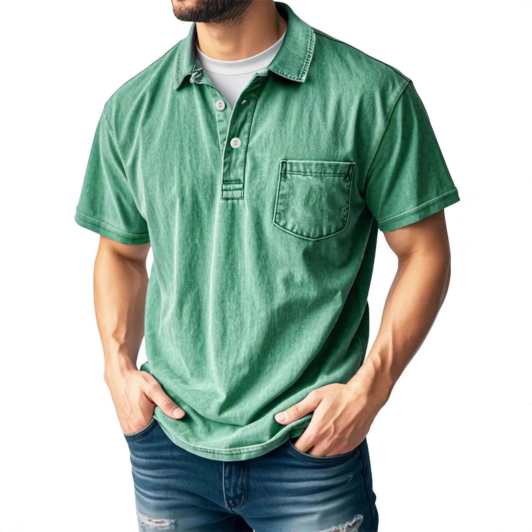 Green men's relaxed fit polo shirt short sleeve breathable fabric with chest pocket casual summer top