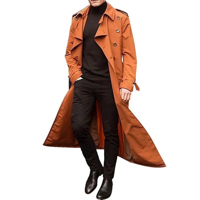 Men's tailored fit double-breasted trench coat with notched lapels, full-length professional style