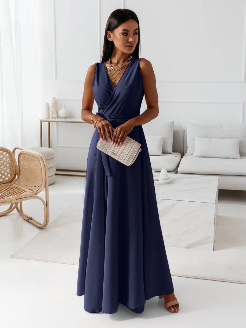 Women's sleeveless V-neck wrap maxi dress with cinched belt, flowy silhouette for weddings and parties