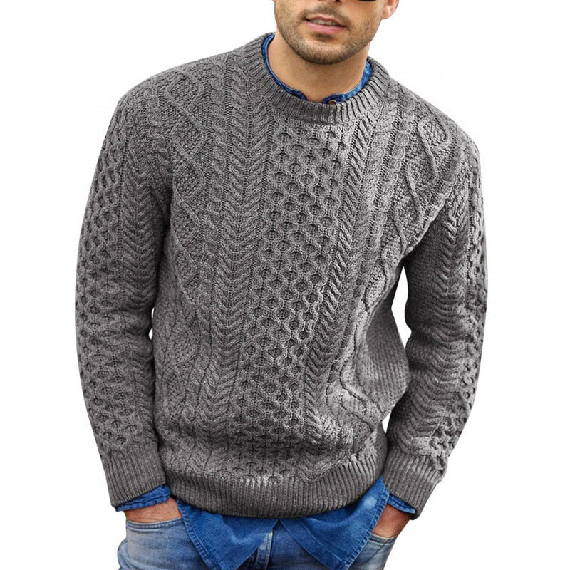 Men's cream cable knit crew neck sweater with ribbed cuffs, classic textured layering top