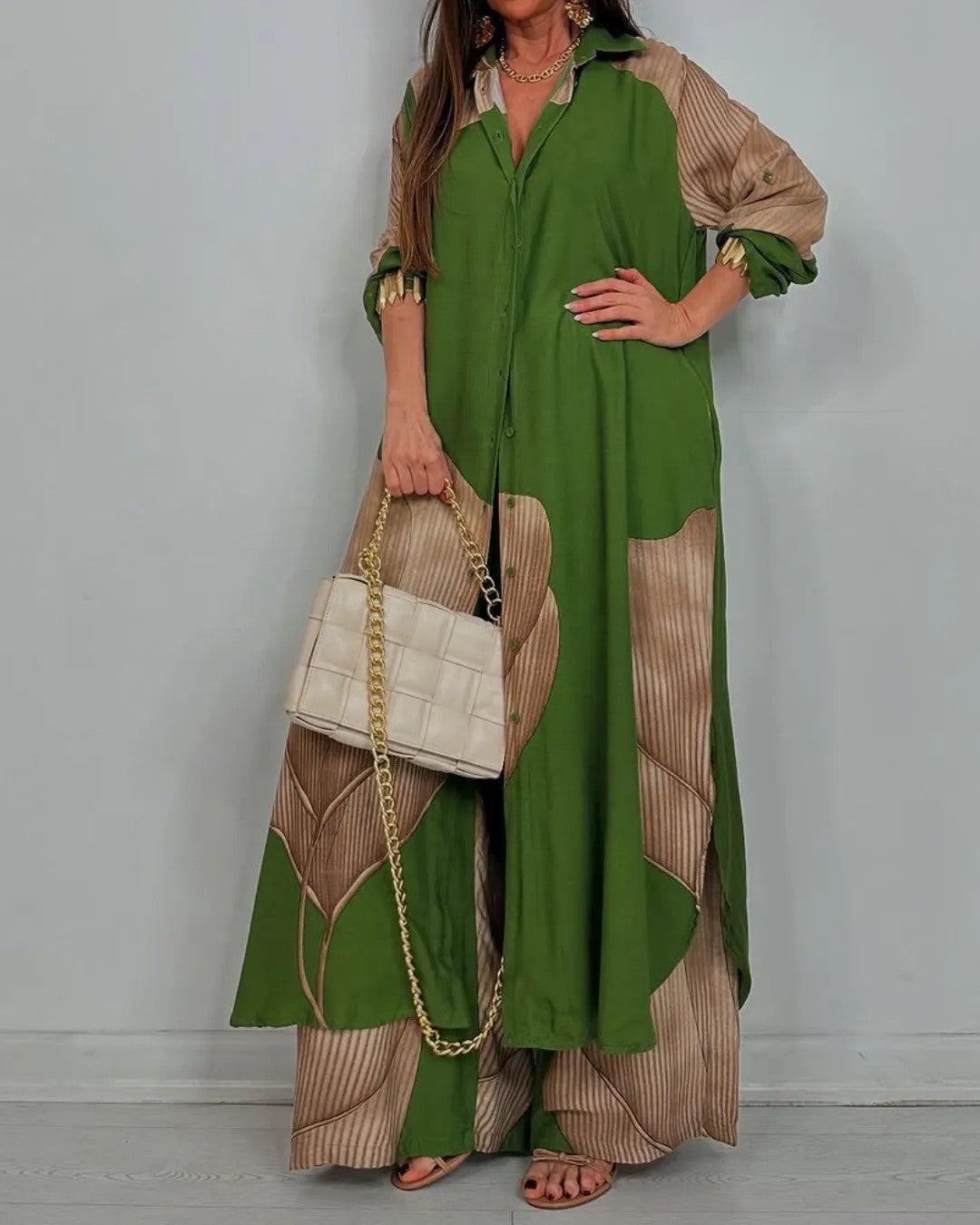 Women's patchwork oversized top and pants set, casual chic V-neck coordinated outfit for everyday wear