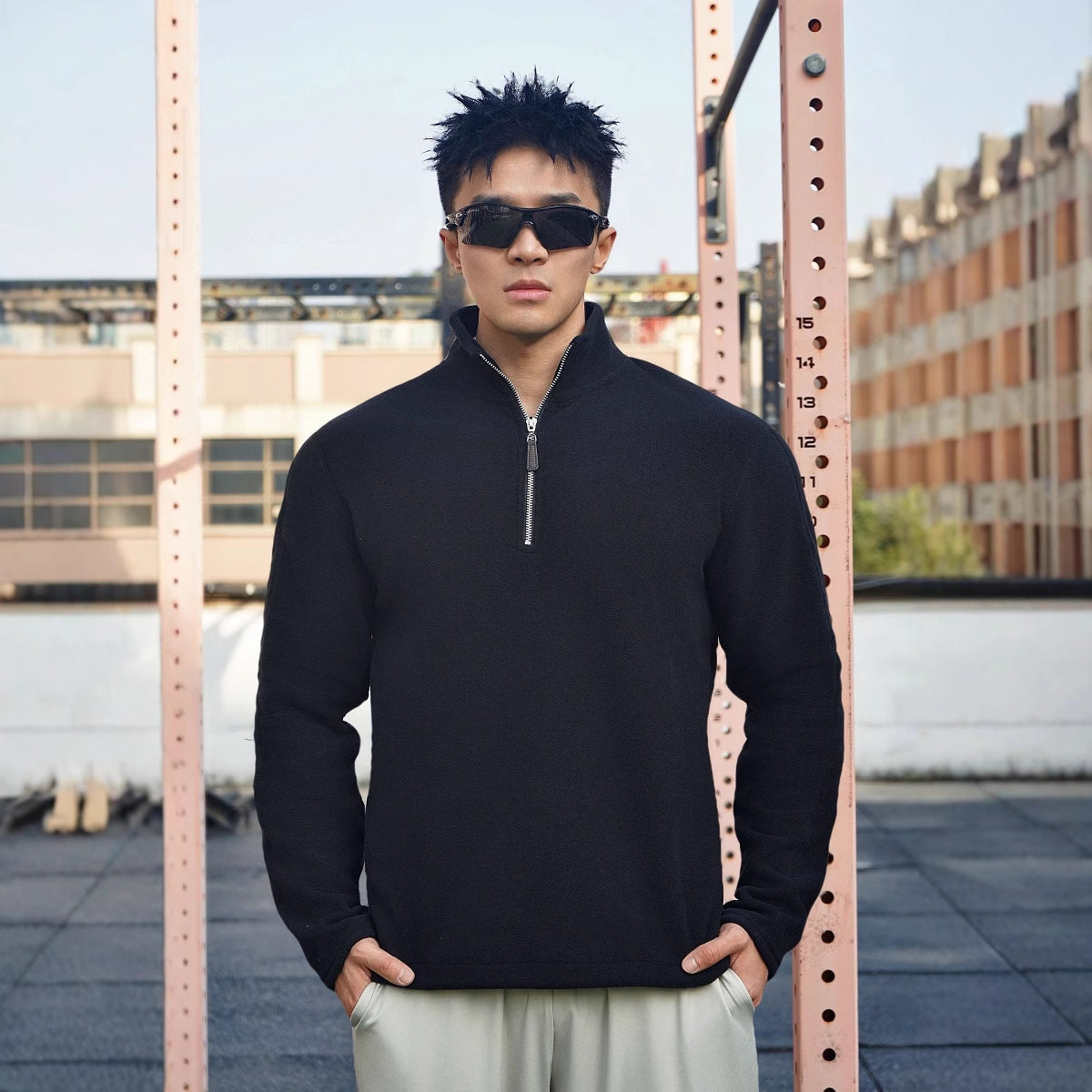 Men's gray fleece pullover high collar half-zip relaxed fit soft warm casual everyday comfort