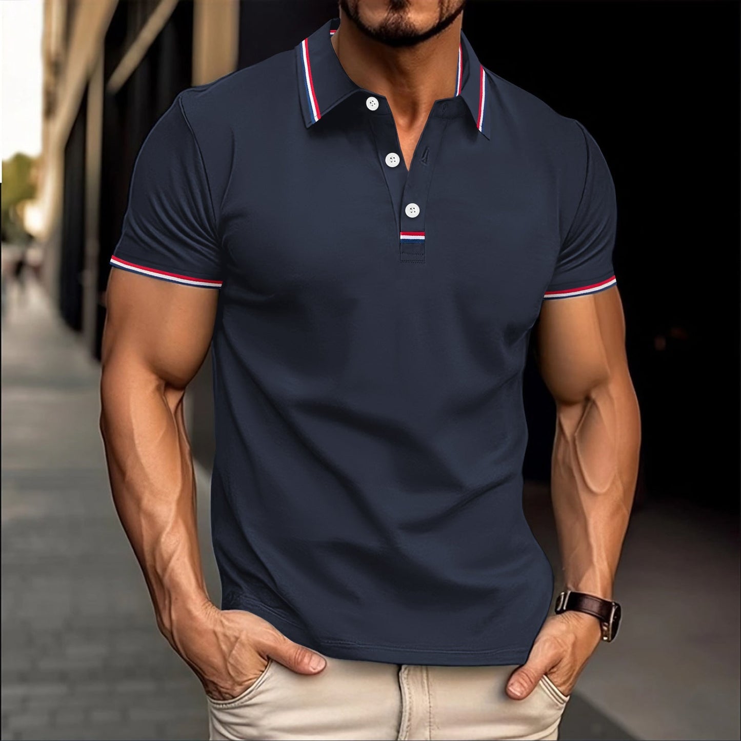 Men's slim fit cotton blend polo shirt with ribbed collar and button placket, streamlined silhouette