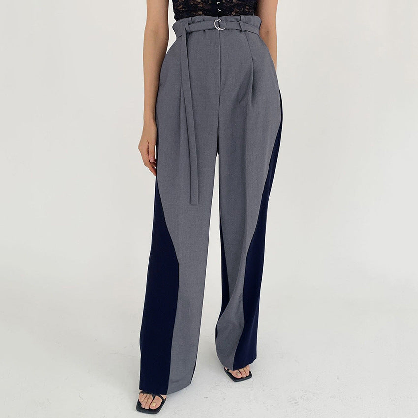Women's high waist wide leg colorblock pants with ring belt, elegant everyday wear