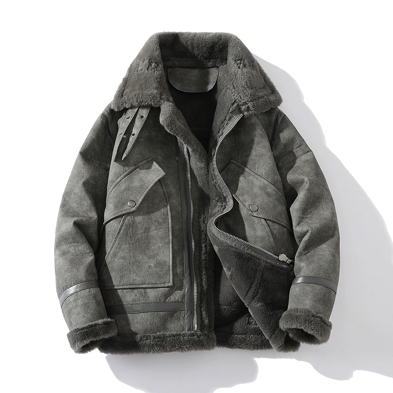 Women's brown suede moto jacket with faux shearling lining, metal hardware, and biker-inspired silhouette