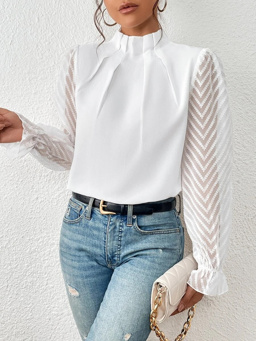Women's elegant blouse with pleated mesh sleeves, flared cuffs, sheer texture for office to evening styling