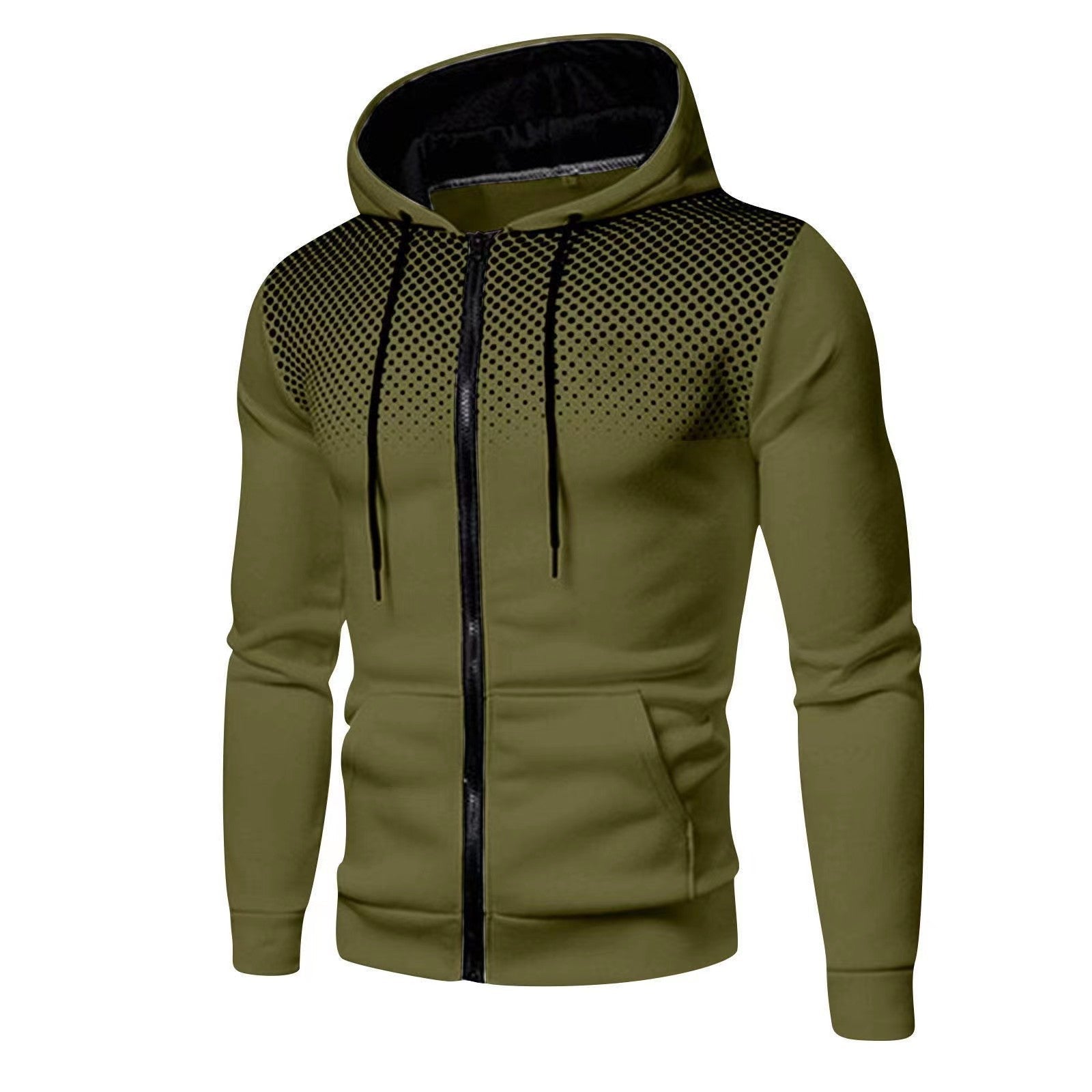 Men's slim fit hooded cardigan sweater with full-zip front, drawstring hood, cozy knit texture