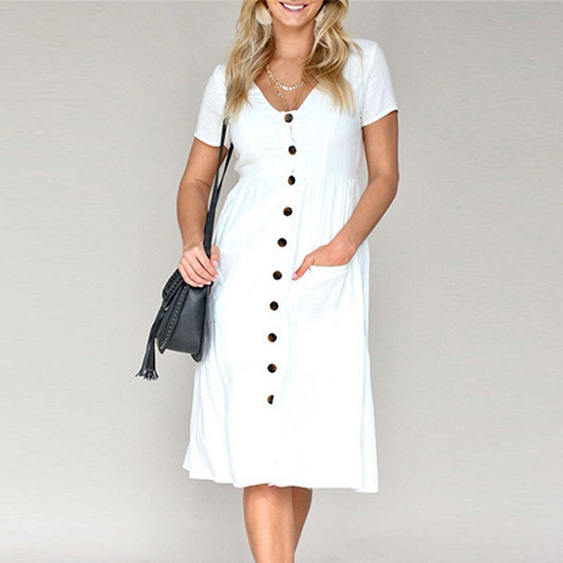 Women's cotton-blend A-line midi dress, V-neck button-front with pockets, casual feminine spring style