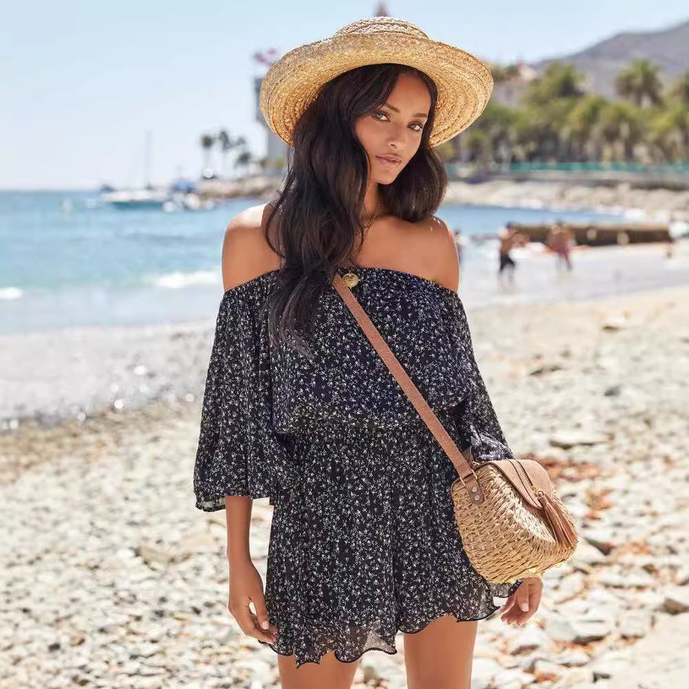 Women's off-shoulder summer dress elastic waist ruched sleeves lightweight breathable flattering silhouette