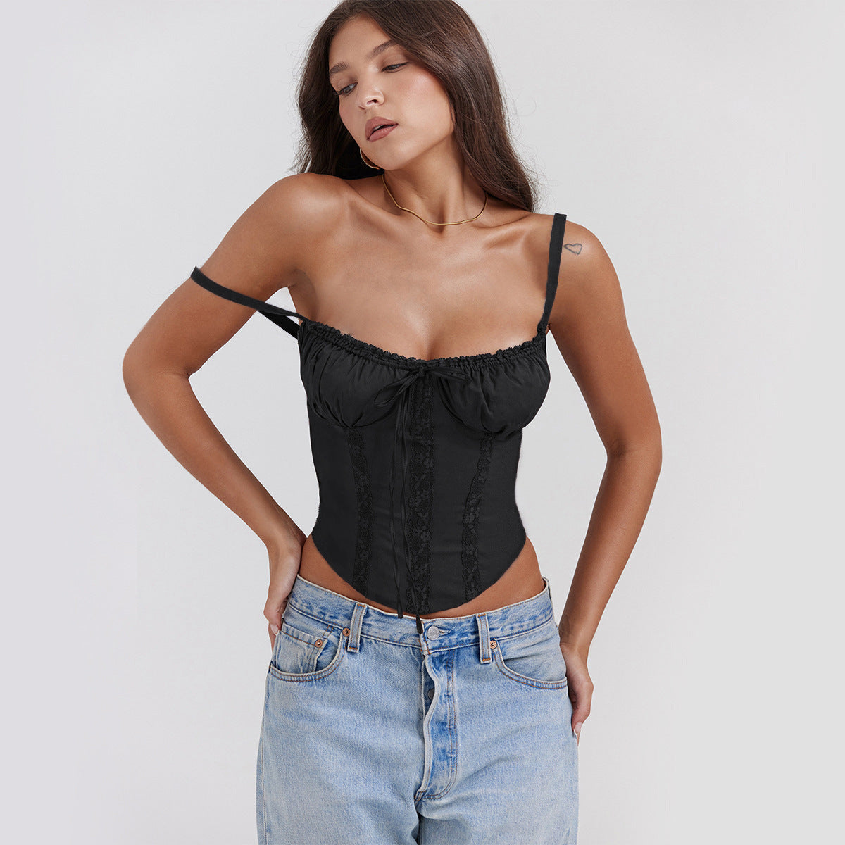 Women satin look cropped camisole top slim fit with delicate lace trim and spaghetti straps