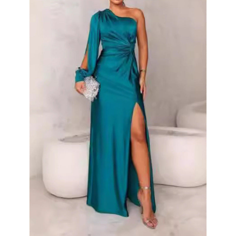 Satin maxi dress single shoulder slim fit with elegant high slit formal evening gown