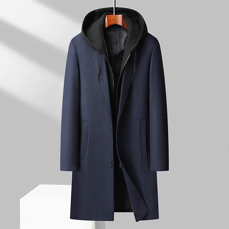 Men's long wool blend hooded coat, classic button front, structured silhouette for winter warmth