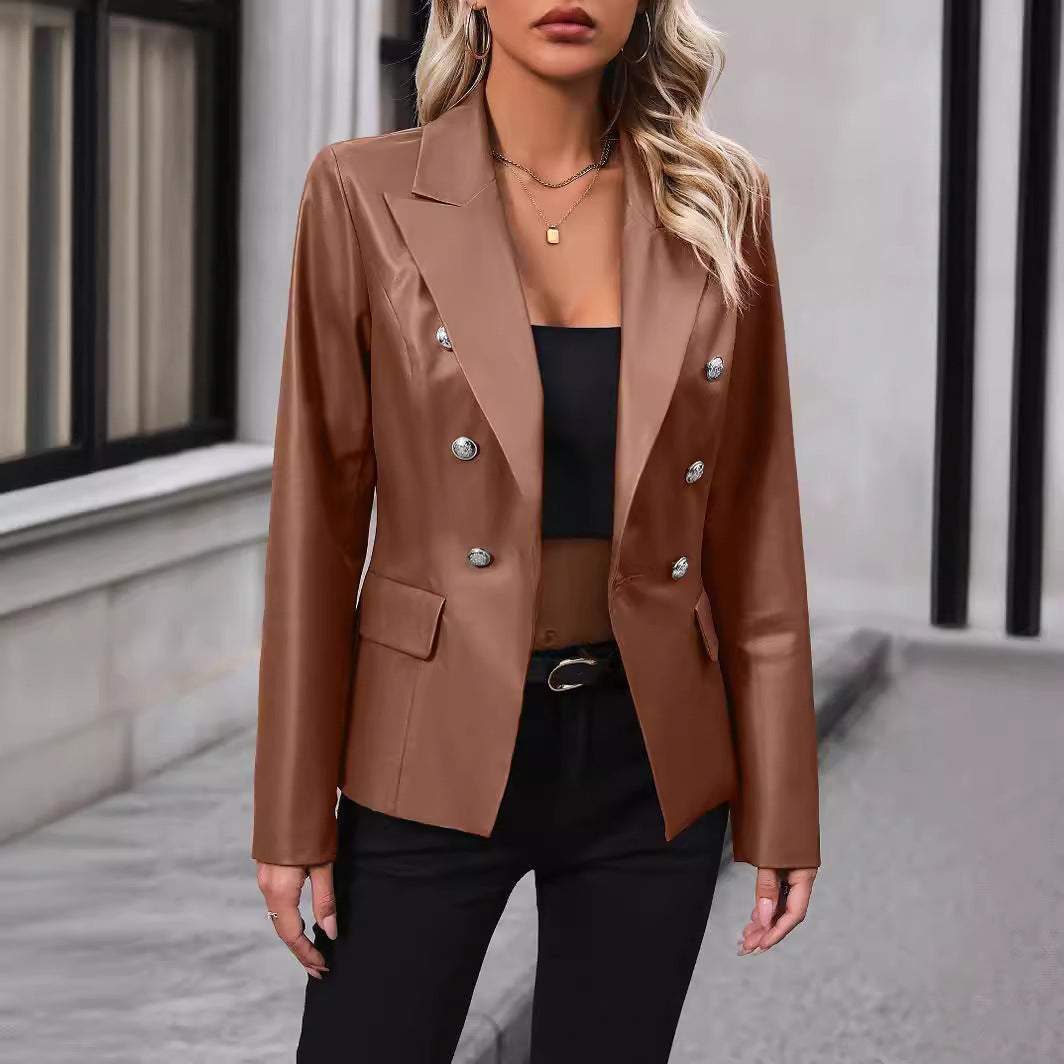 Women's tailored fit double breasted blazer notched lapel professional suit jacket polished silhouette