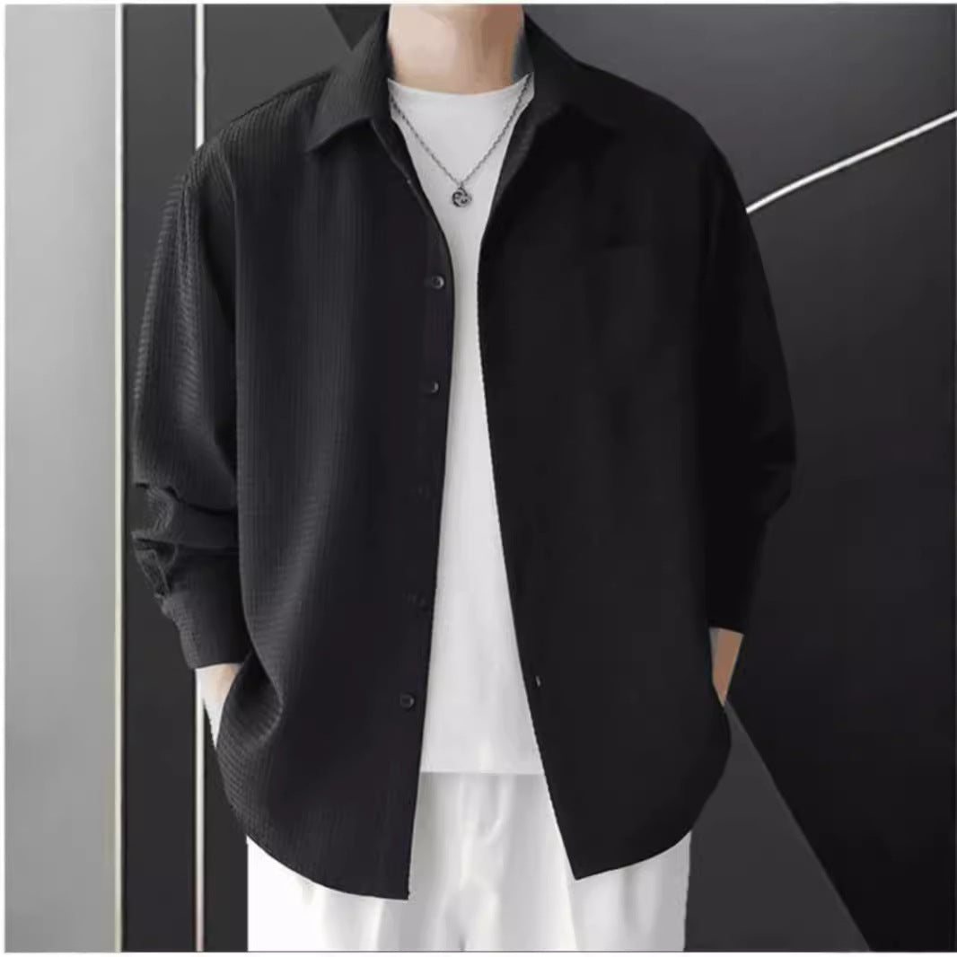 Men's oversized waffle knit shirt long sleeve button-up casual neutral tone textured cotton blend