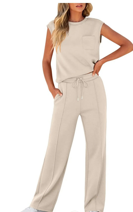 Women's two-piece sleeveless top loose-fit pants set breathable cotton blend with drawstring waist