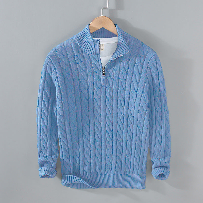 Men's cable knit half-zip pullover in classic neutral tone, versatile layering piece with textured pattern