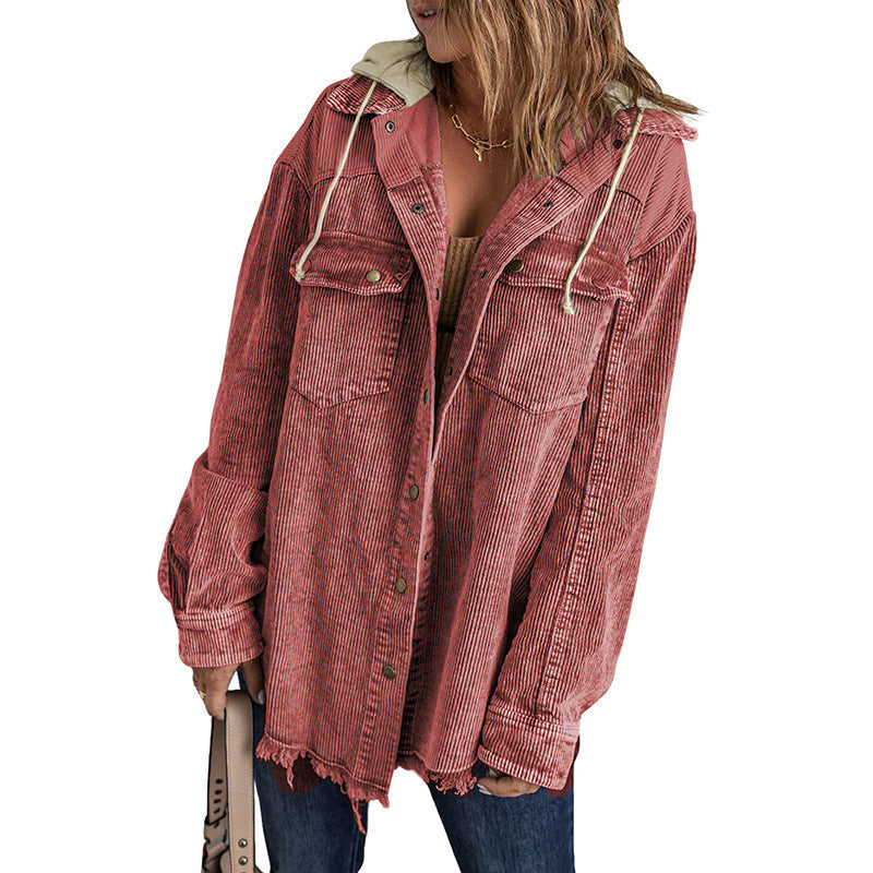 Women's oversized corduroy hooded jacket fringed edges button closure casual chic street style