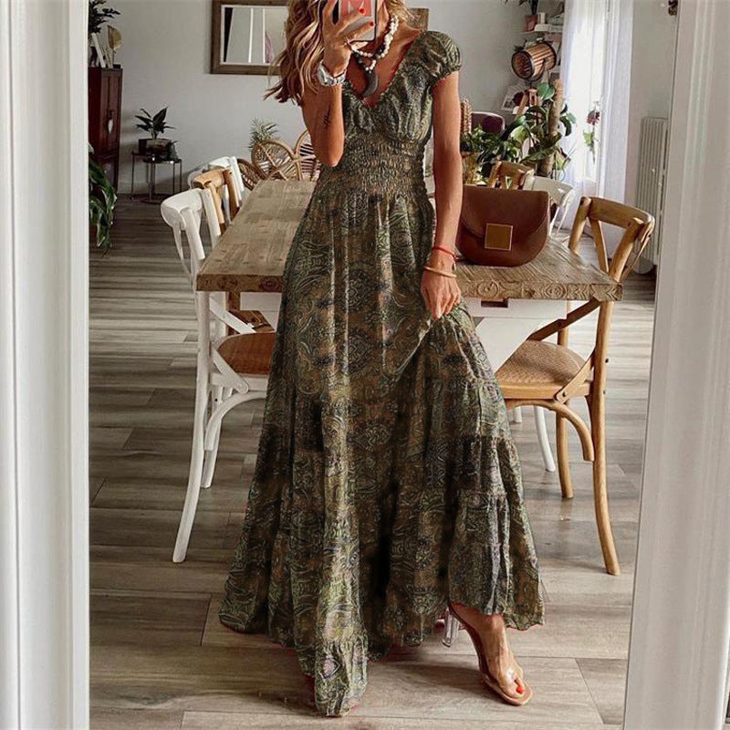 Women's cotton maxi dress V-neck smocked bodice tiered skirt breathable elegant summer style