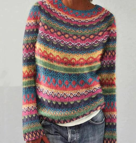 Women's multicolor striped knit pullover sweater, loose fit long sleeves casual everyday style