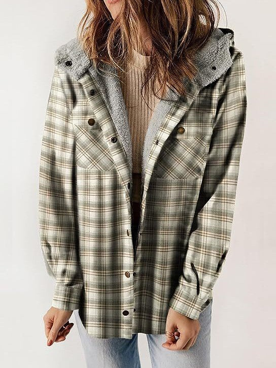 Women plaid wool blend coat relaxed fit with plush lined hood in classic fall winter style
