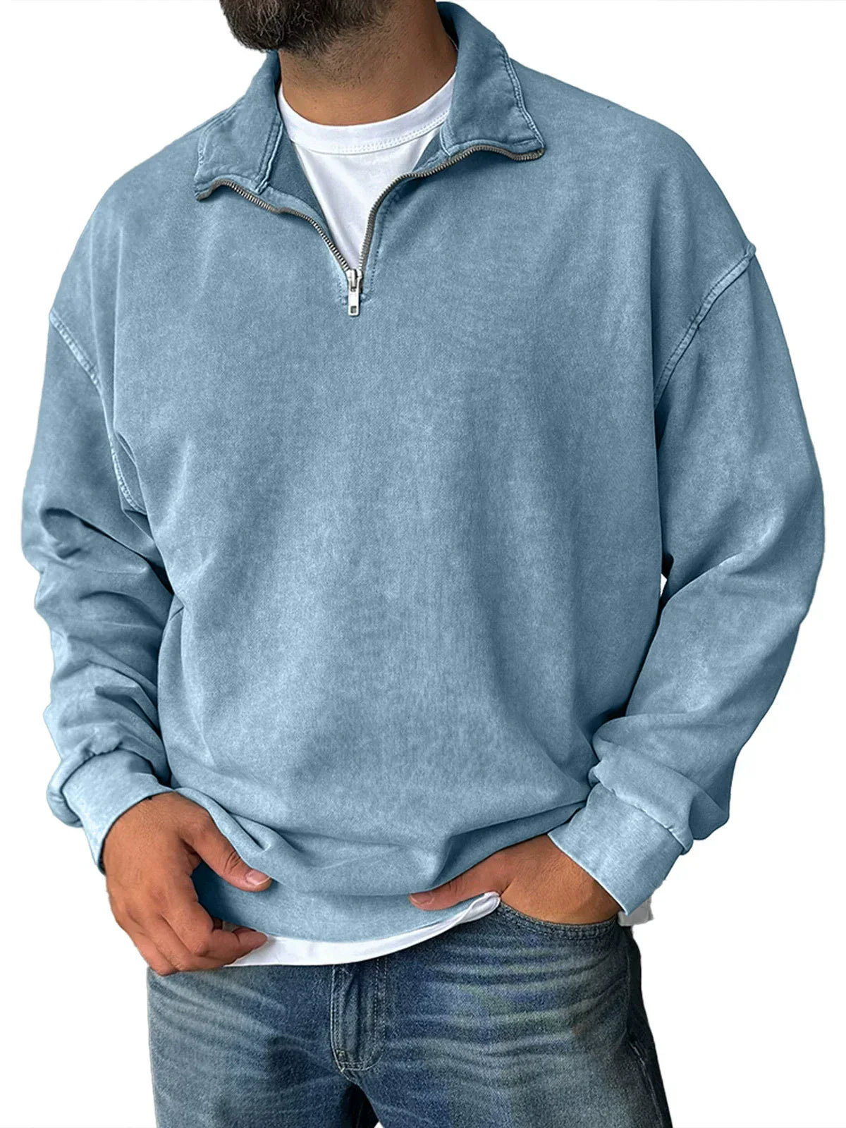Men's gray cotton-blend relaxed fit half-zip sweatshirt with stand collar for everyday casual wear