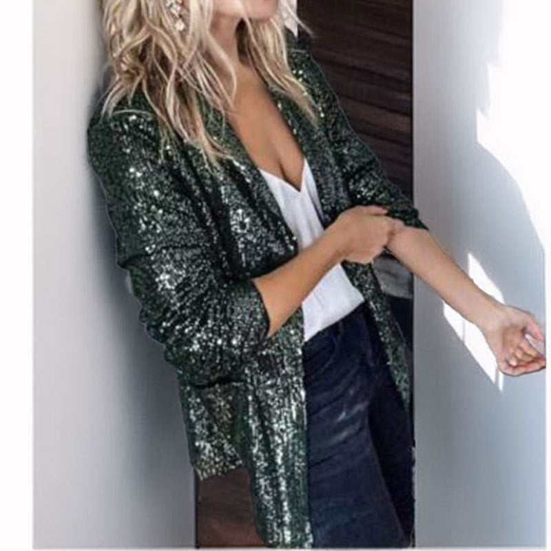 Women's silver sequin blazer tailored open-front long sleeve elegant evening wear