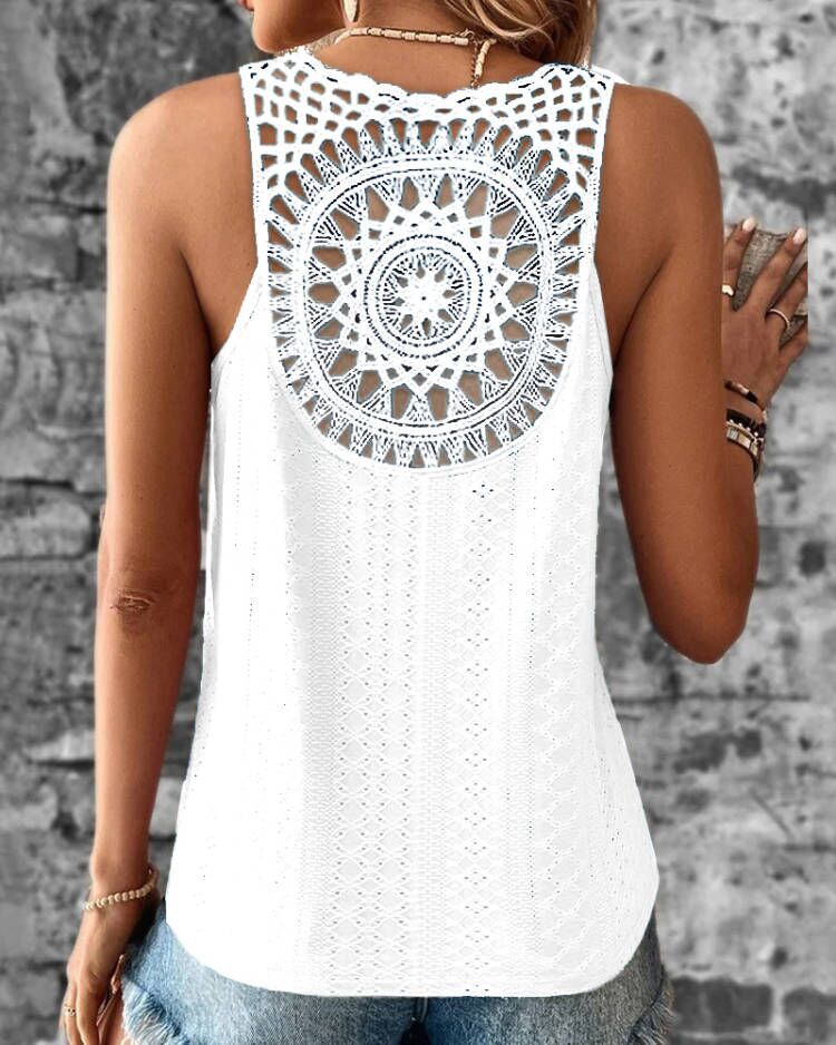 Women's relaxed fit crochet cotton sleeveless top with V-neck and delicate crochet detailing