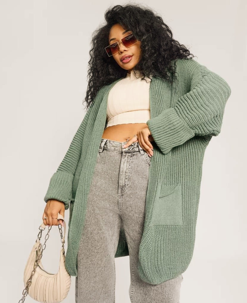 Women's oversized open-front knitted cardigan in cozy wool blend, relaxed draped silhouette