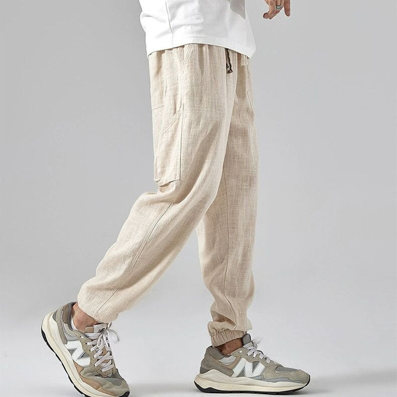 Men's linen blend jogger pants relaxed fit breathable lightweight casual warm weather essential