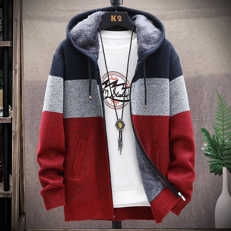 Men's colorblock hooded cardigan zip front soft inner lining relaxed fit cozy layering street style