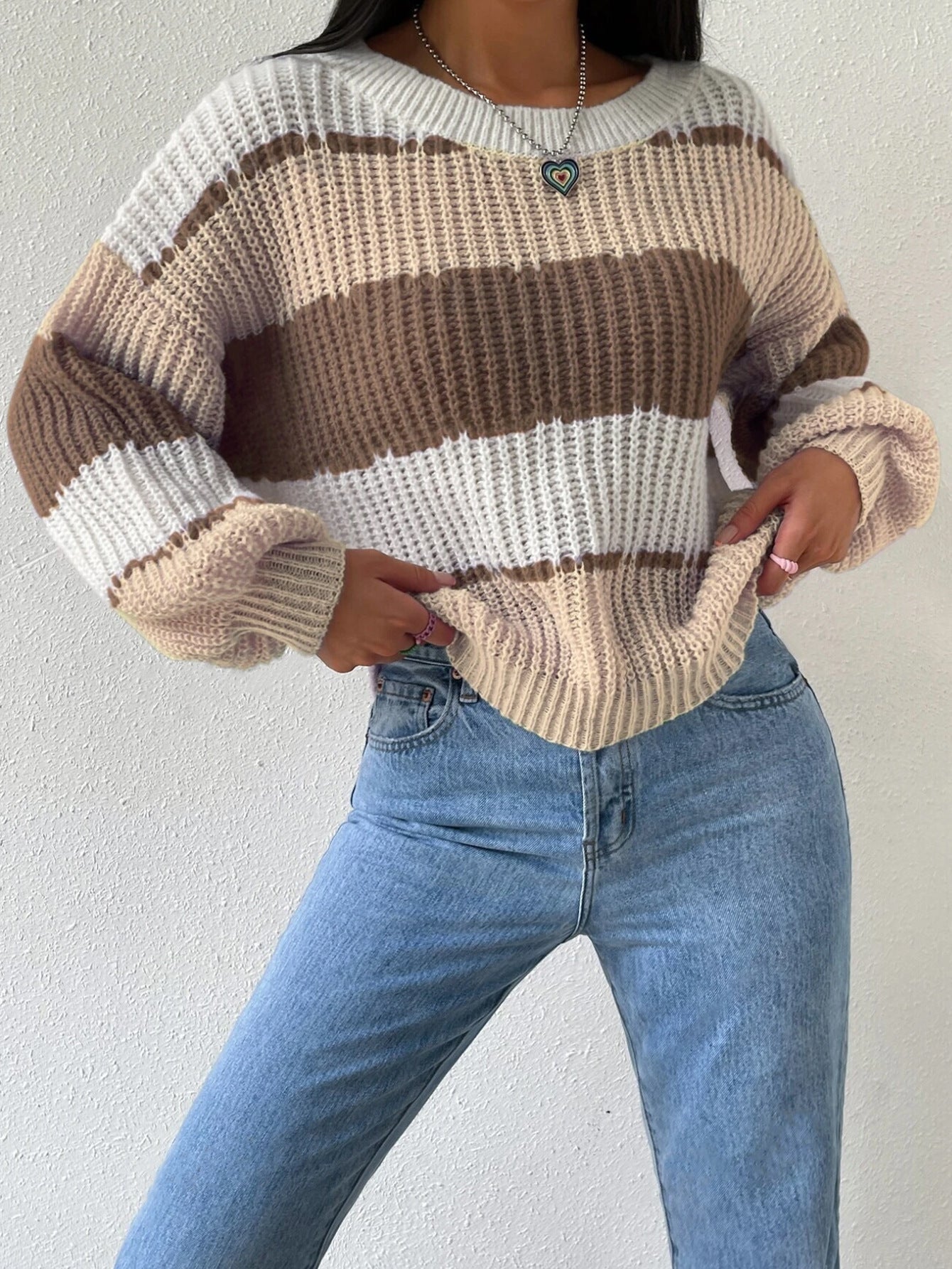 Women's striped knit pullover sweater classic cozy fit breathable fabric everyday layering essential