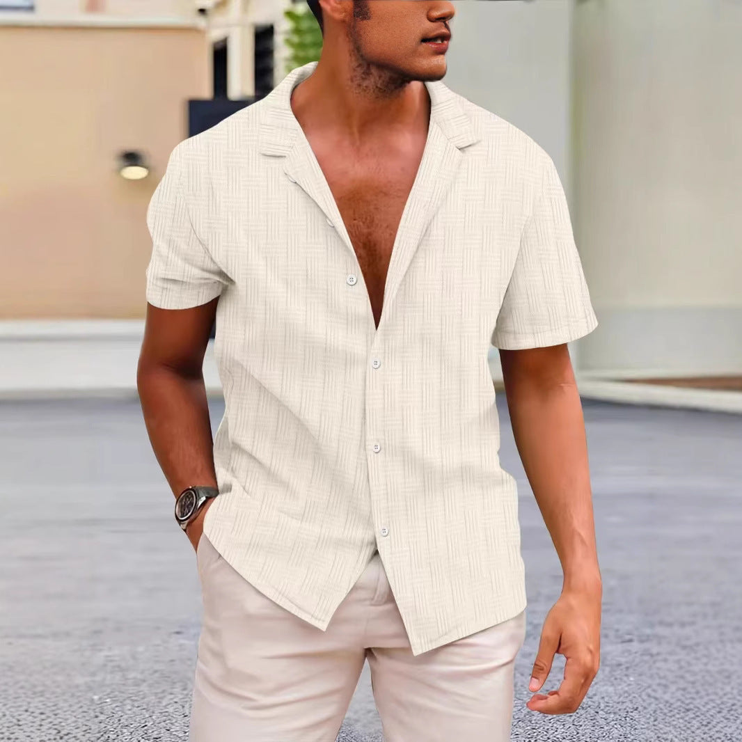 Men's cotton linen blend short sleeve shirt classic fit button closure breathable casual style