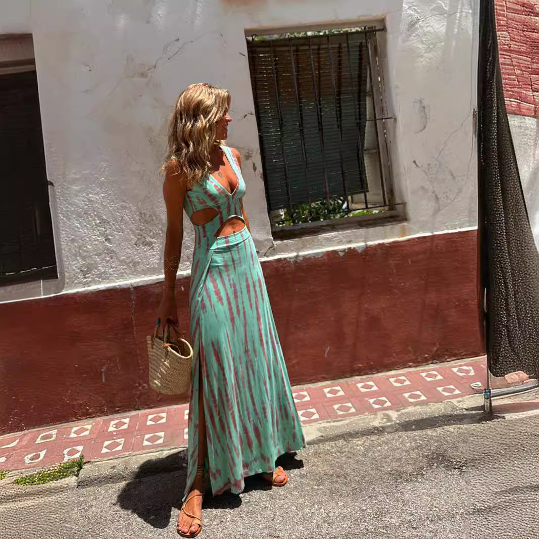 Women's slim fit maxi dress with V-neck and waist cutouts, lightweight summer fabric