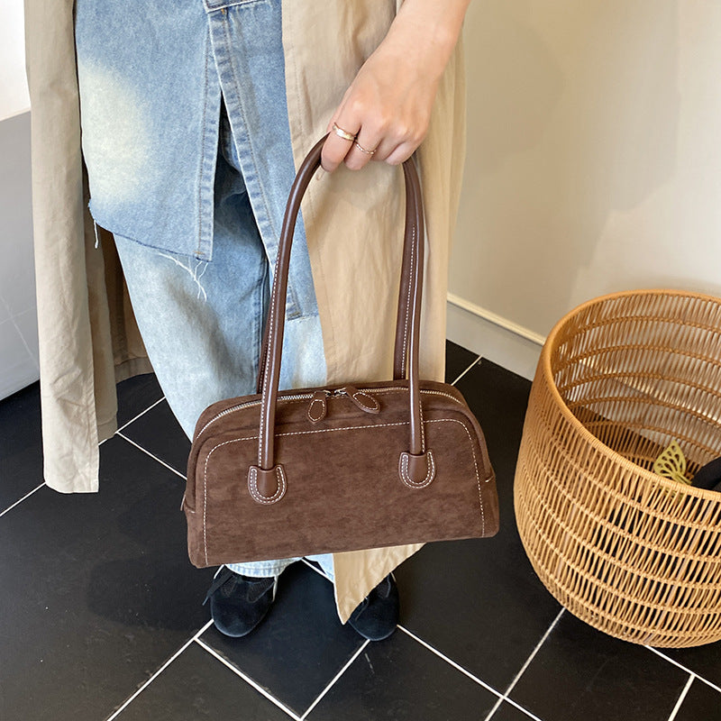 Denise mini top-handle bag faux suede vegan leather trim compact chic women's handbag