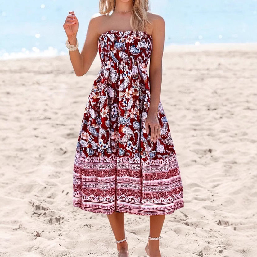 Women's strapless convertible midi dress floral cotton blend A-line silhouette effortless summer style