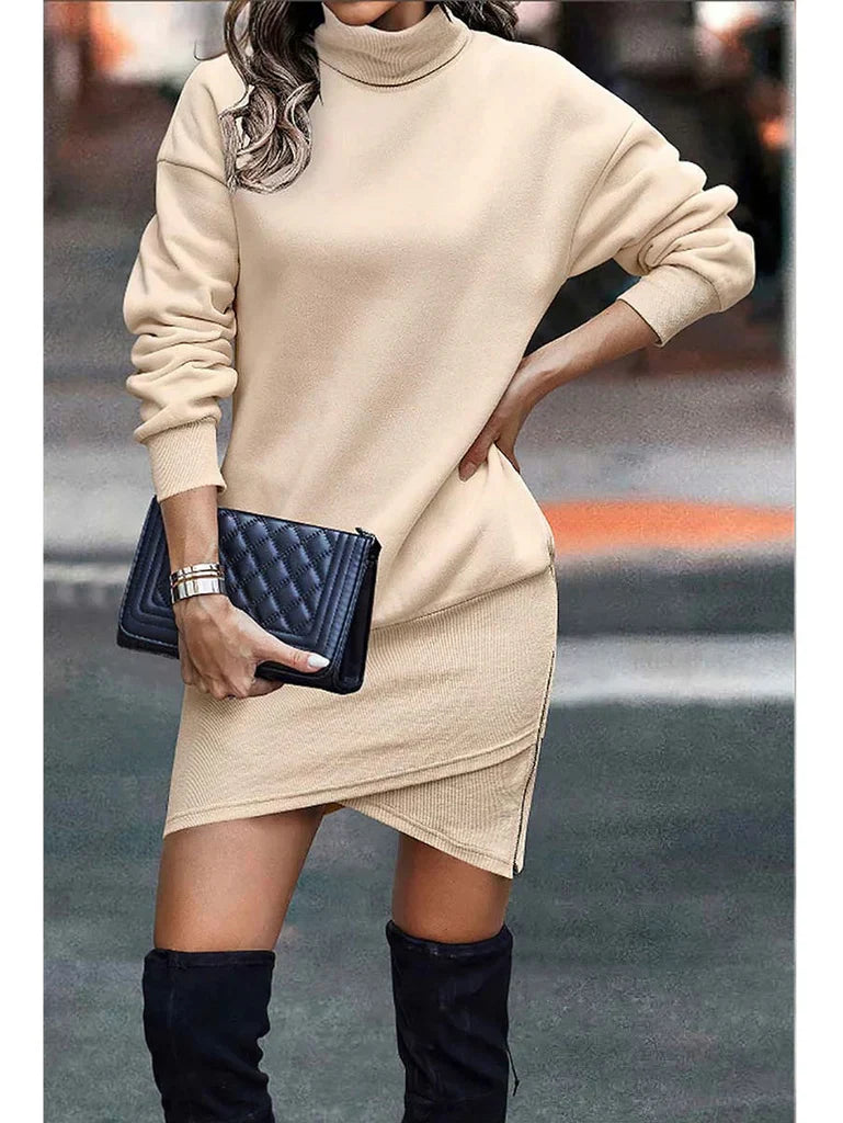 Women's knit dress high collar relaxed fit asymmetric hem cozy fiber blend modern silhouette