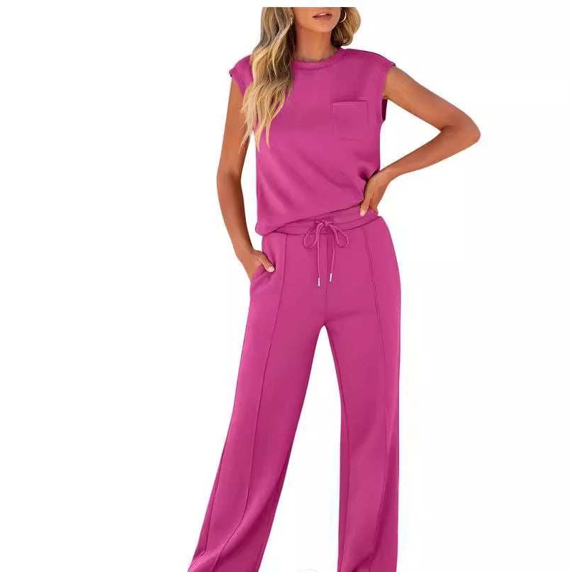 Women's two-piece sleeveless top and loose-fit pants set in breathable cotton blend with drawstring waist