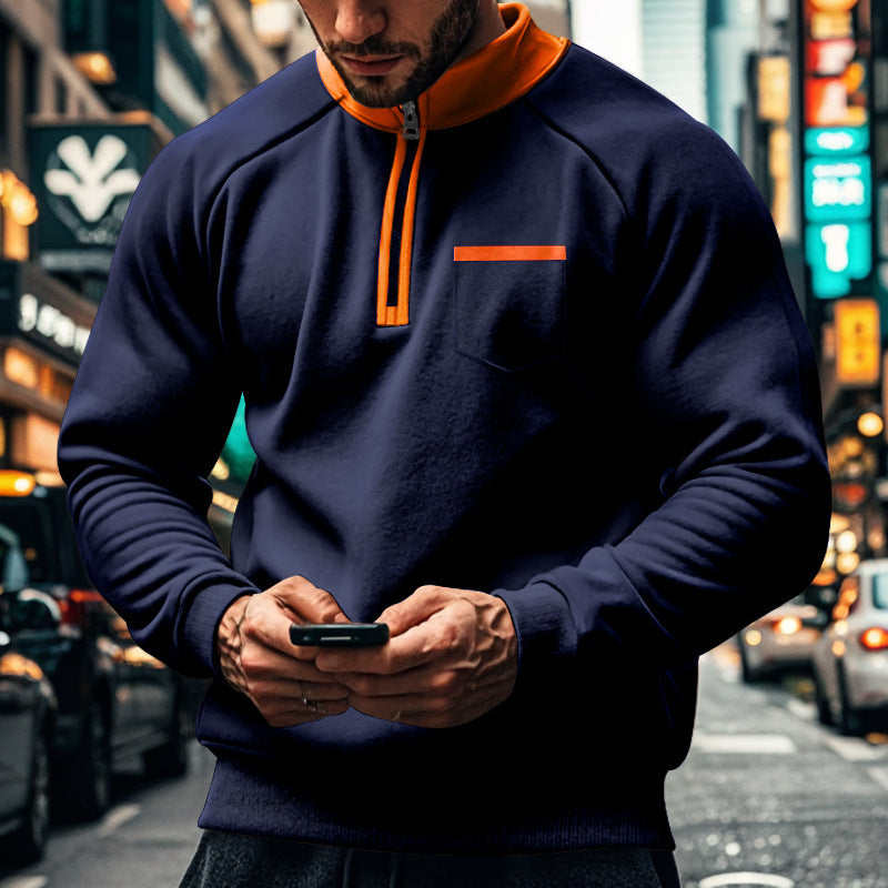 Men's gray raglan sweatshirt stand collar zip chest pocket regular fit casual streetwear