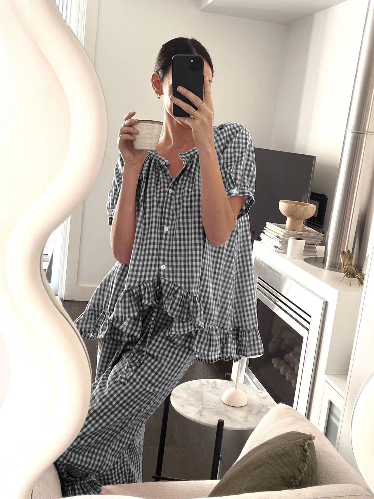 Women's cotton lounge set with shirt and pants, relaxed fit, ruched details, casual everyday style