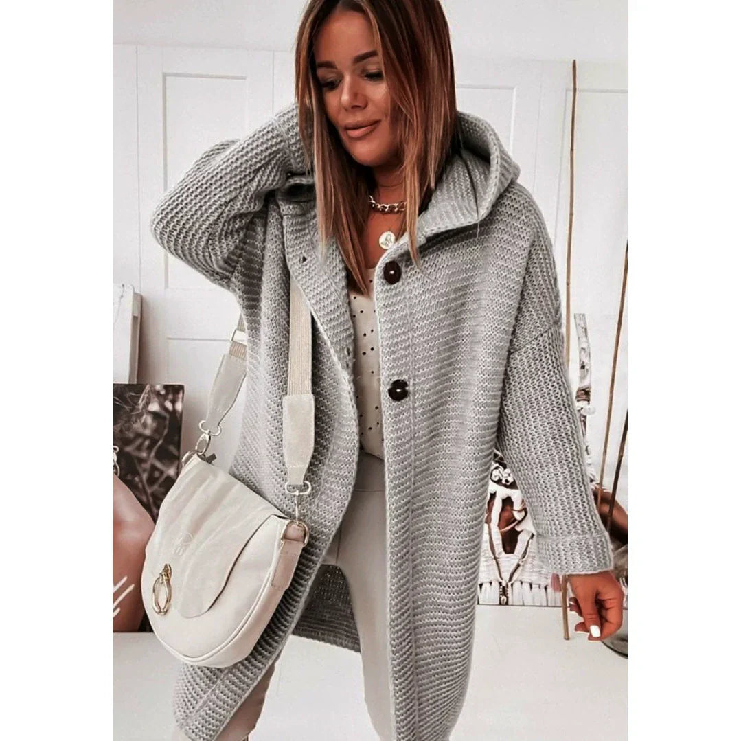 Women's hooded longline cardigan loose fit ribbed knit button-front drop shoulder cozy layer
