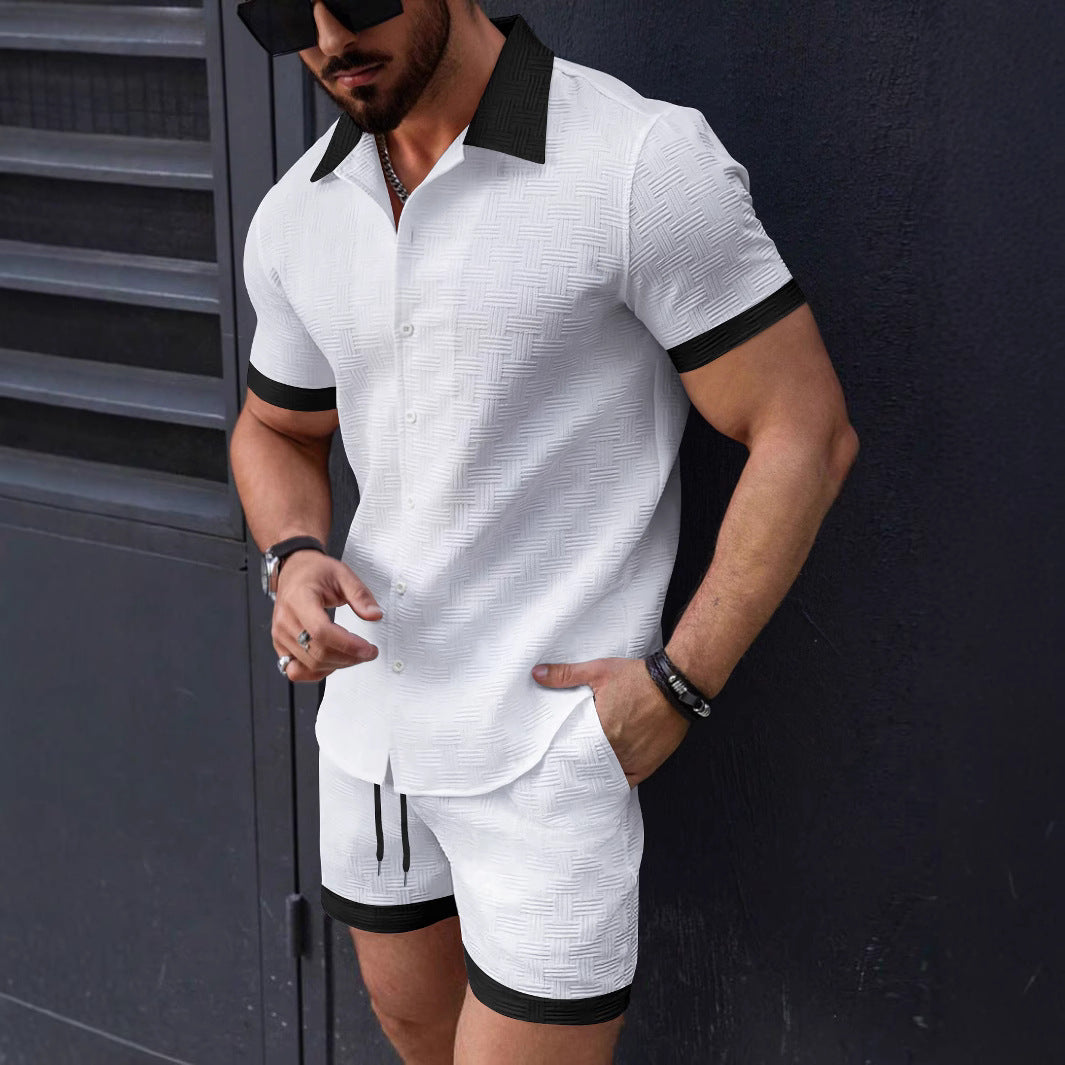Men's slim fit short sleeve button-down shirt with contrast trim, textured fabric, modern casual style