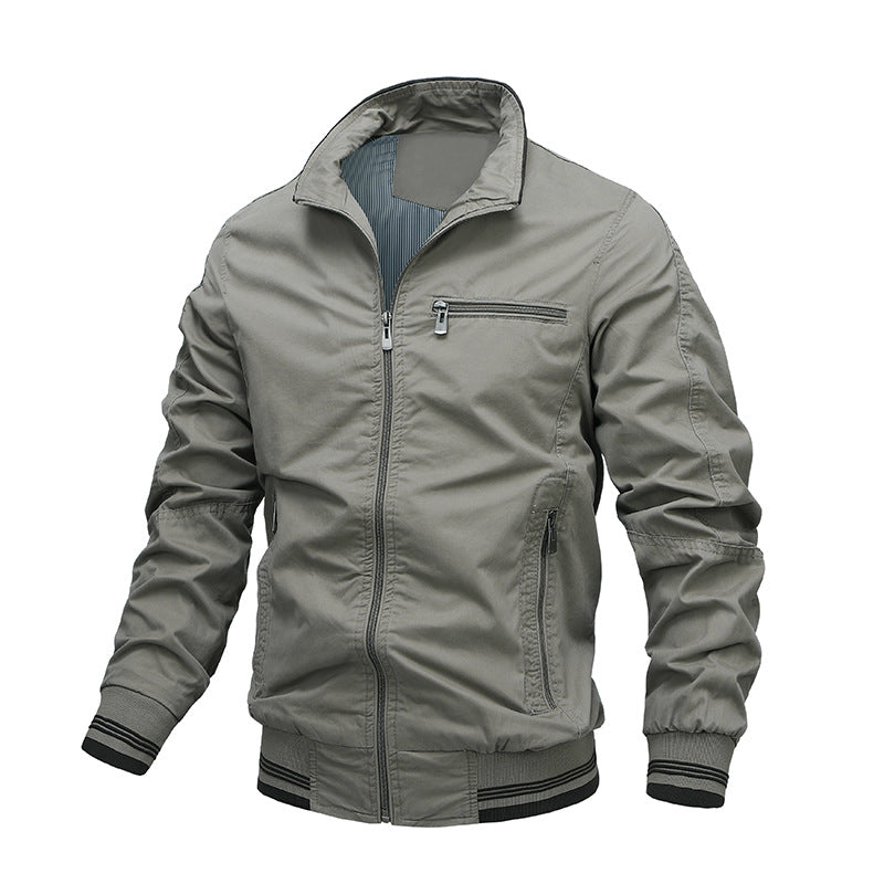 Men's casual regular fit washed cotton jacket with stand collar, zipper closure, and side pockets